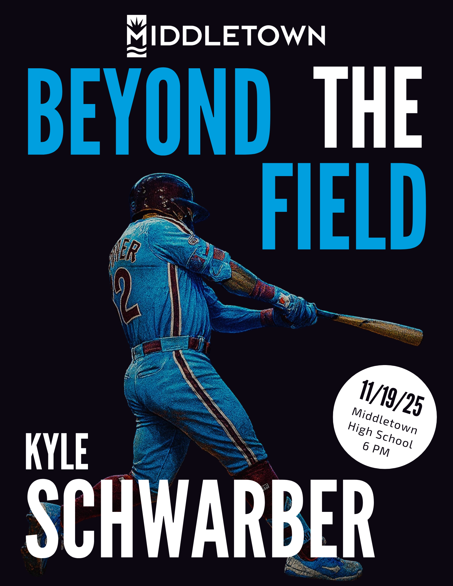 Magazine cover with Beyond the Field Kyle Schwarber, where Kyle is swinging a baseball bat
